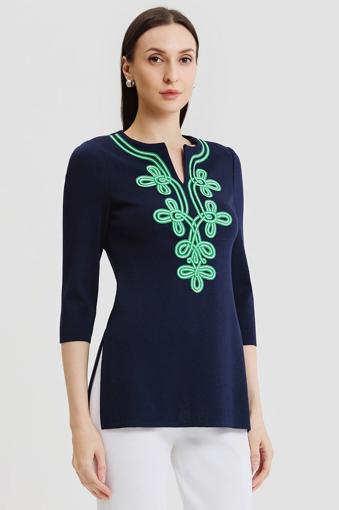 Plus Size Classic Soutache Soft Knit Tunic, Indigo/Kelly Green/Ivory | Ming Wang