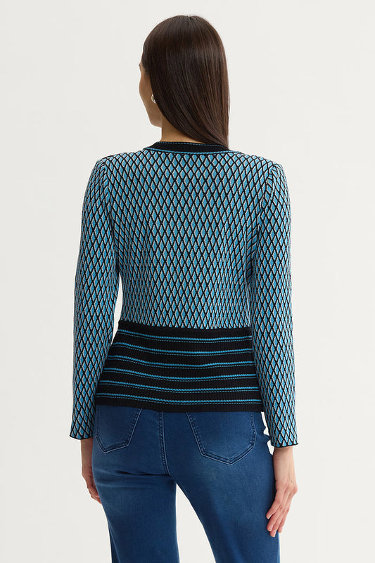 Plus Size Diamond Pattern Soft Ribbed Knit Top, Tranquil Blue/Lunar Rock/Black | Ming Wang