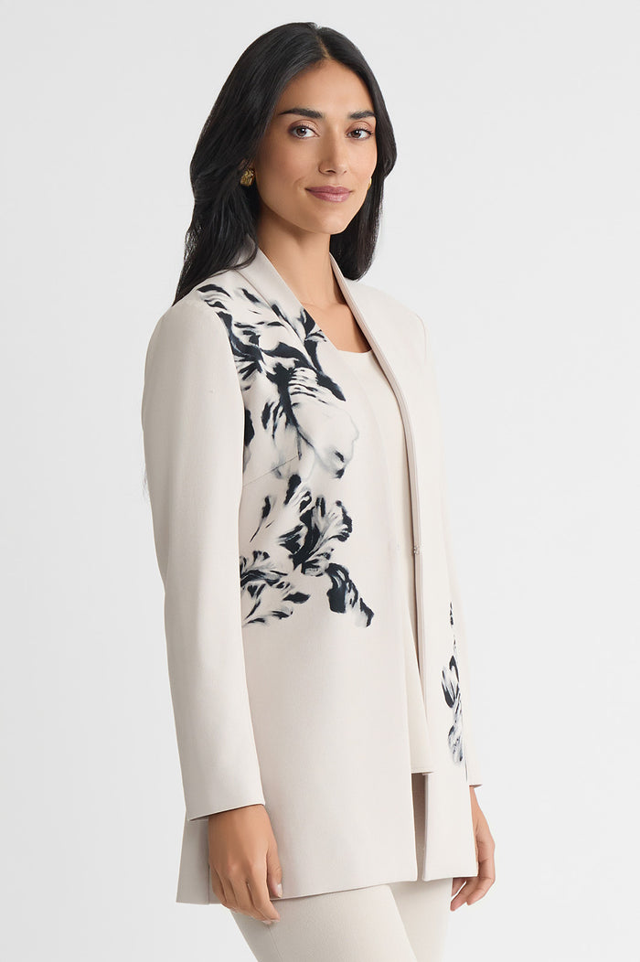 Plus Size Heritage Floral Printed Stretch Deco Crepe Jacket, Limestone/Black | Ming Wang