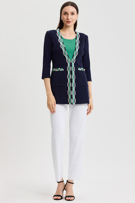 Plus Size Heritage Checkered Trim Soft Knit Jacket, Indigo/Kelly Green/Ivory | Ming Wang