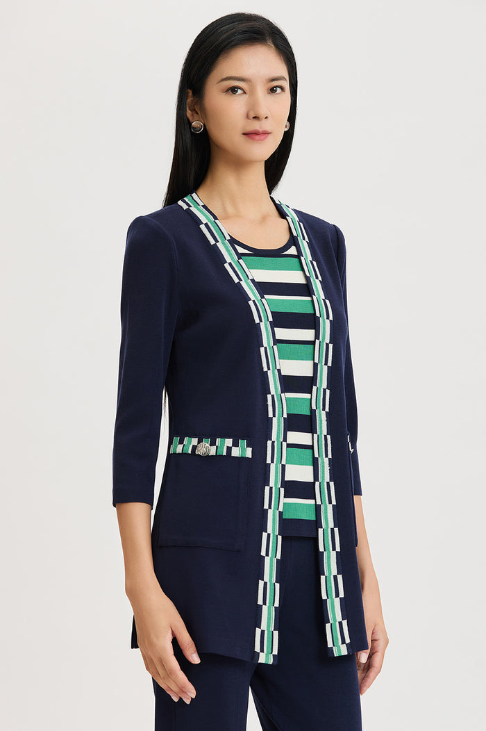 Plus Size Heritage Checkered Trim Soft Knit Jacket, Indigo/Kelly Green/Ivory | Ming Wang