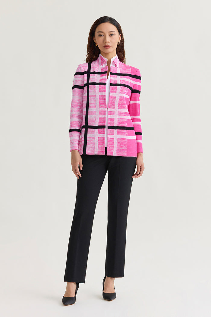 Plus Size Heritage Vertical Ombre Plaid Knit Jacket, Carmine Rose/White/Black | Ming Wang