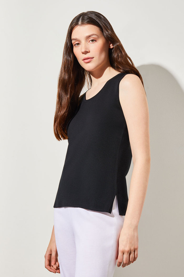 Plus Size Mid-Length Scoop Neck Knit Tank, Black | Ming Wang