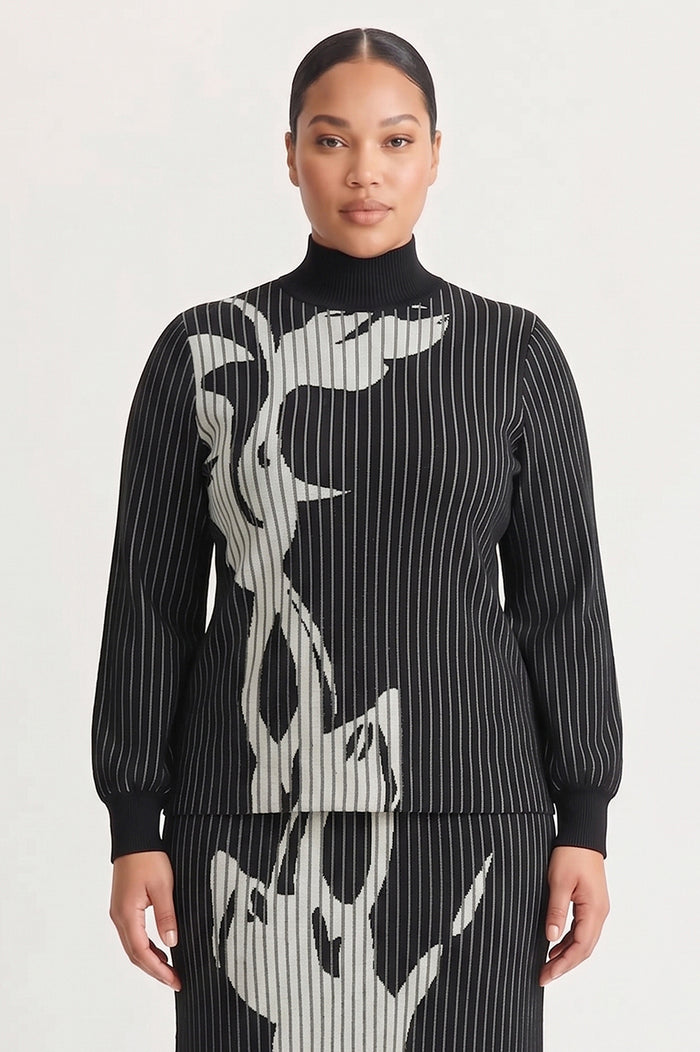 Plus Size Mock Neck Floral Soft Ribbed Knit Top, Black/Ivory | Ming Wang