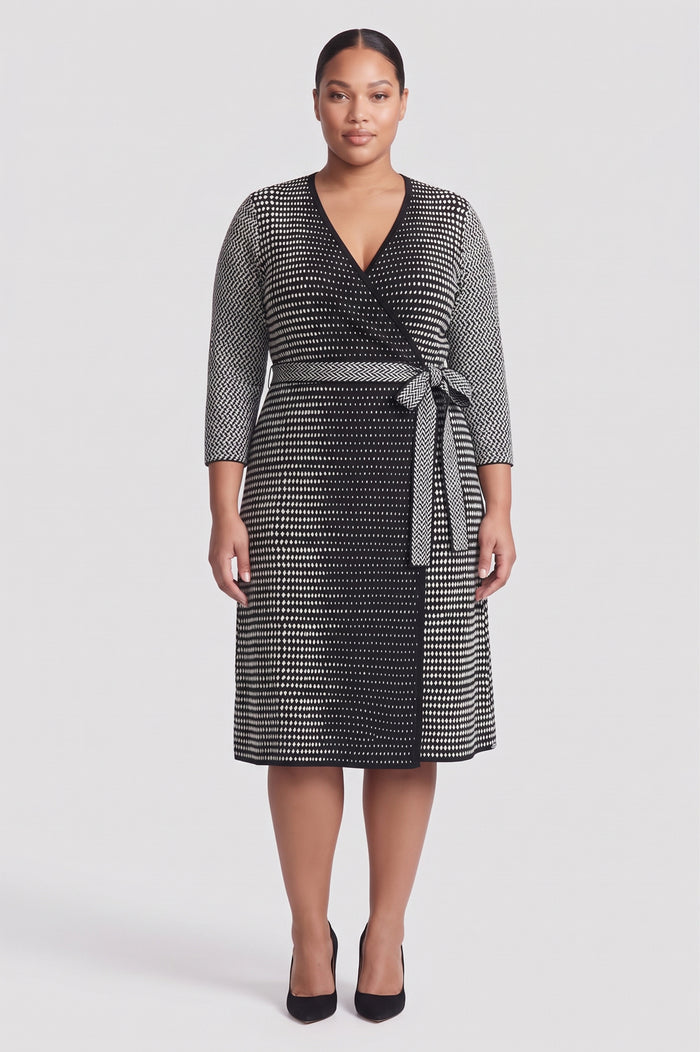 Plus Size Monochrome Soft Knit Midi Wrap Dress, Black/Ivory | Ming Wang