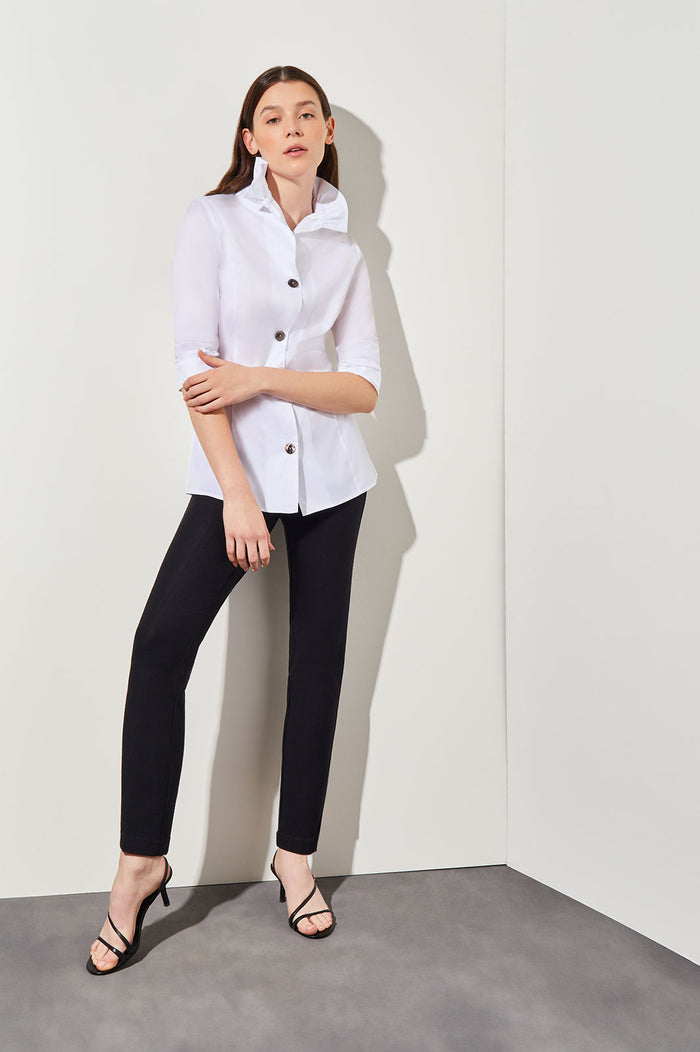 Plus Size Ruffle Neck Button-Front Cotton Poplin Blouse | Ming Wang