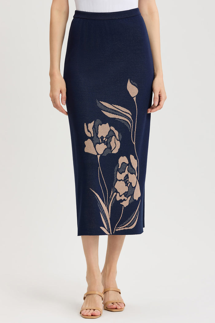 Plus Size Straight Floral Jacquard Soft Knit Maxi Skirt, Indigo/Ivory/Warm Taupe | Ming Wang
