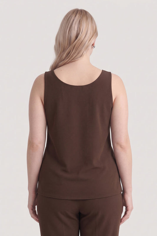 Plus Size Stretch Deco Crepe Scoop Neck Tank, Dark Umber, Dark Umber | Ming Wang