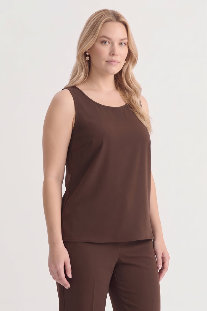 Plus Size Stretch Deco Crepe Scoop Neck Tank, Dark Umber, Dark Umber | Ming Wang