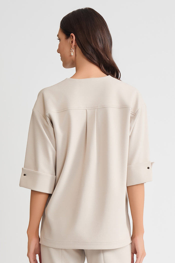 Plus Size Heritage Tonal Stretch Deco Crepe Jacket, Limestone, Limestone | Ming Wang