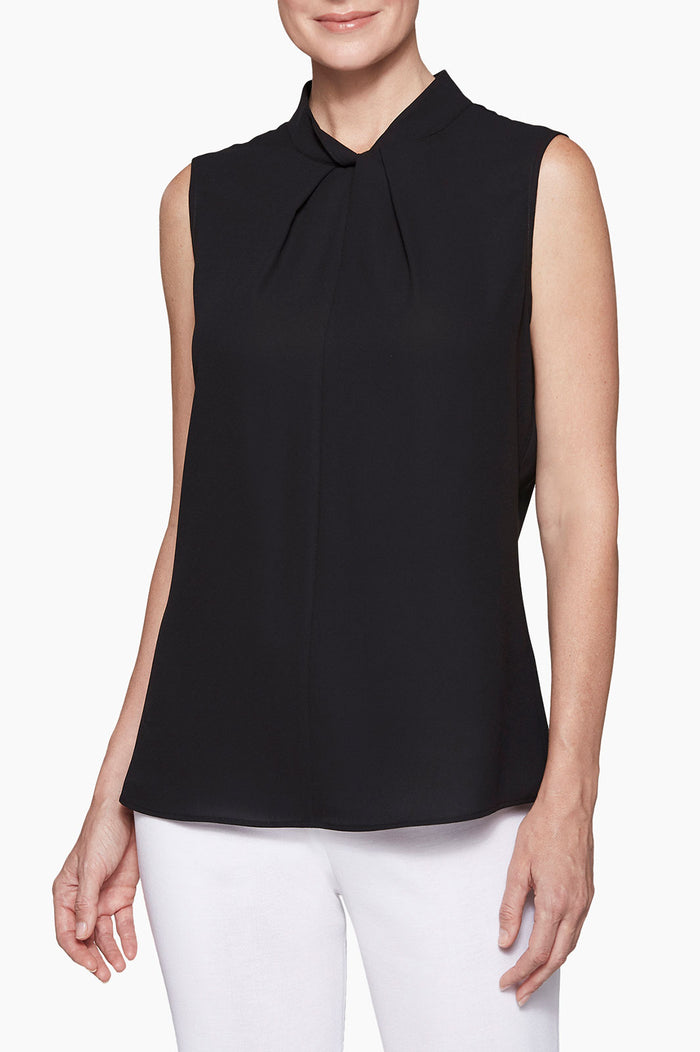 Plus Size Twist-Neck Crepe de Chine Blouse, Black | Ming Wang