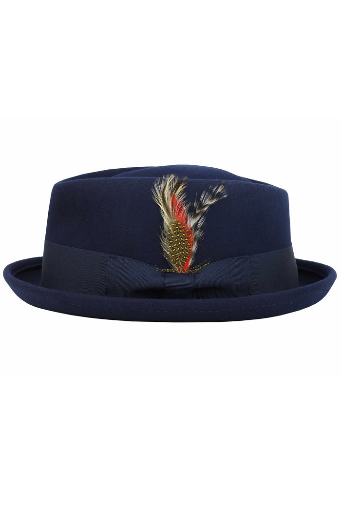 Pork Pie Navy Hat 100% Wool Felt Diamond Shape Crown