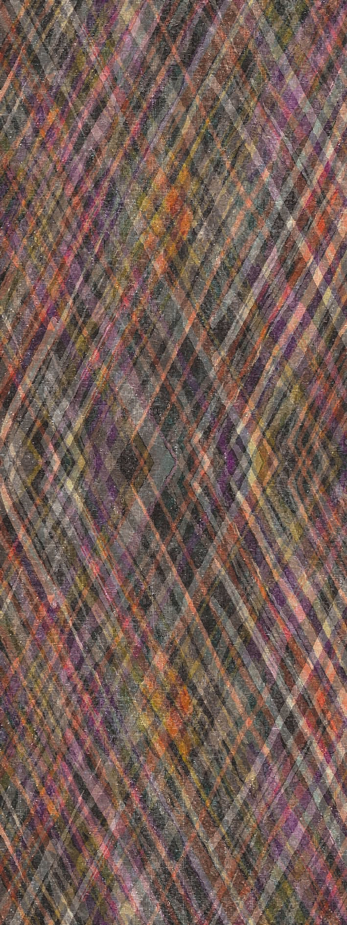 Multi-colored plaid rug with a diagonal diamond pattern in shades of purple, orange, black, and grey.