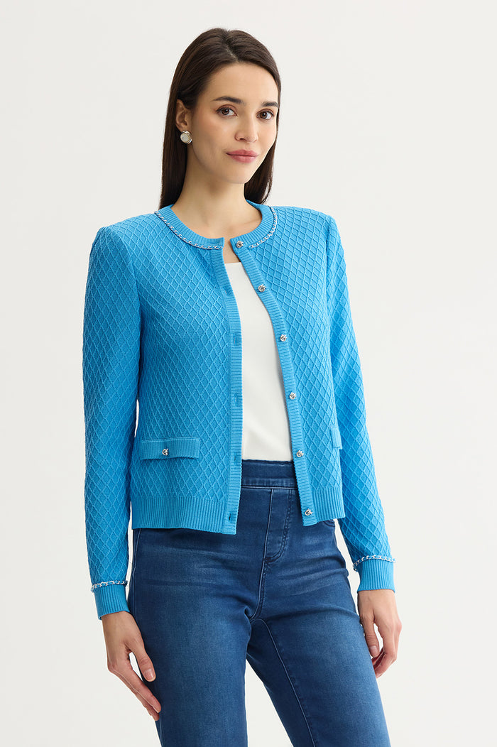 Raised Diamond Ribbed Knit Cardigan, Tranquil Blue | Ming Wang