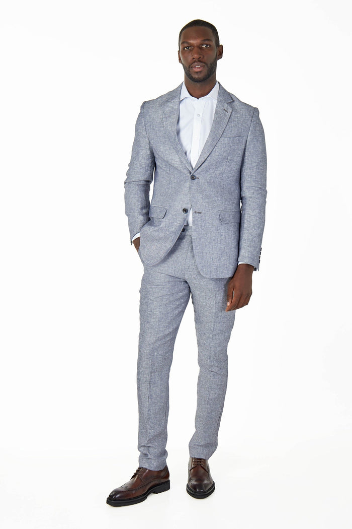 RAY - TAILORED FIT BLUE GREY HERRINGBONE LINEN SUIT JACKET