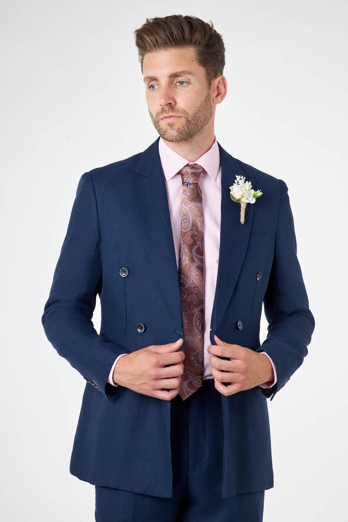 RAY - Tailored Fit Double Breasted Suit in Navy Herringbone Linen
