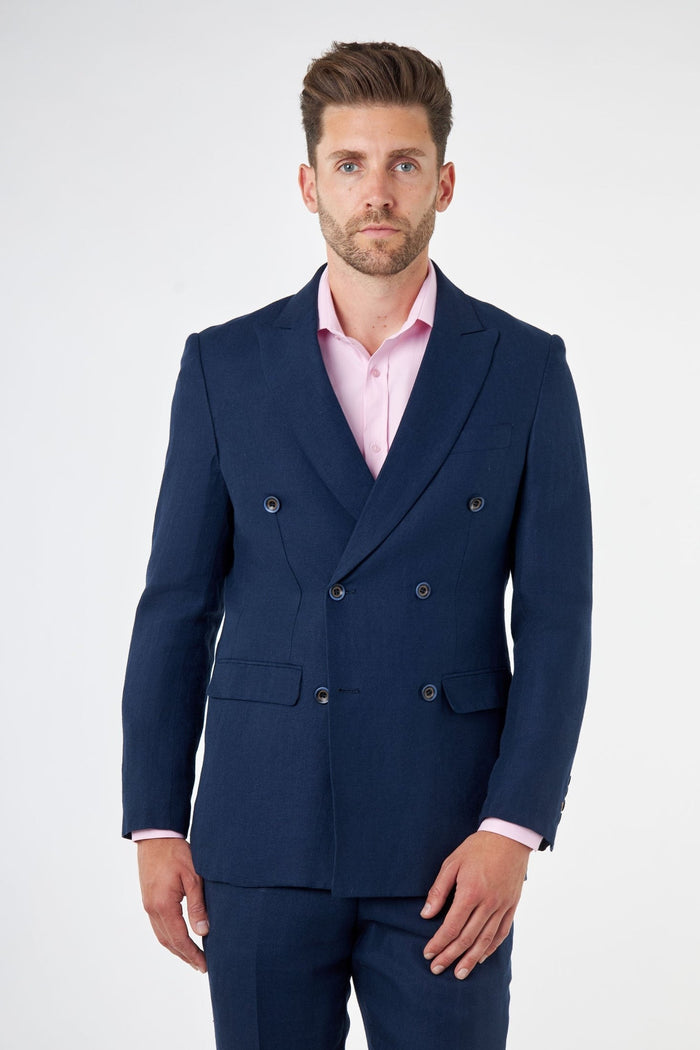 RAY - Tailored Fit Double Breasted Suit in Navy Herringbone Linen
