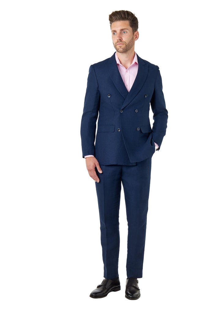 RAY - Tailored Fit Navy Herringbone Linen Double Breasted Jacket
