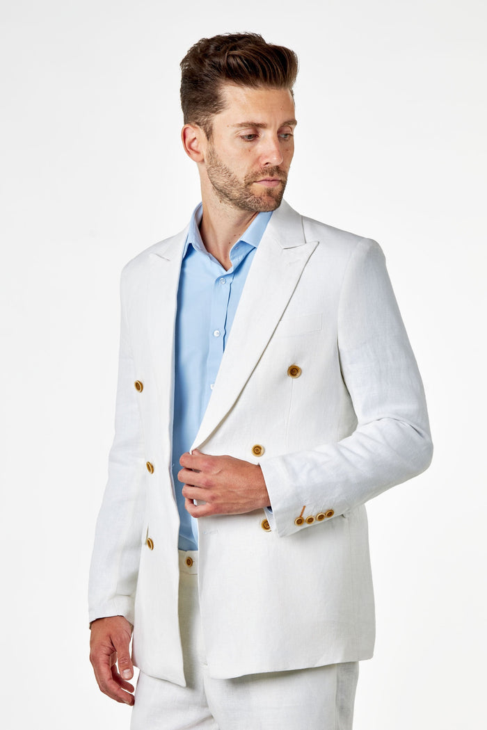 RAY - Tailored Fit Off White Herringbone Linen Double Breasted Jacket