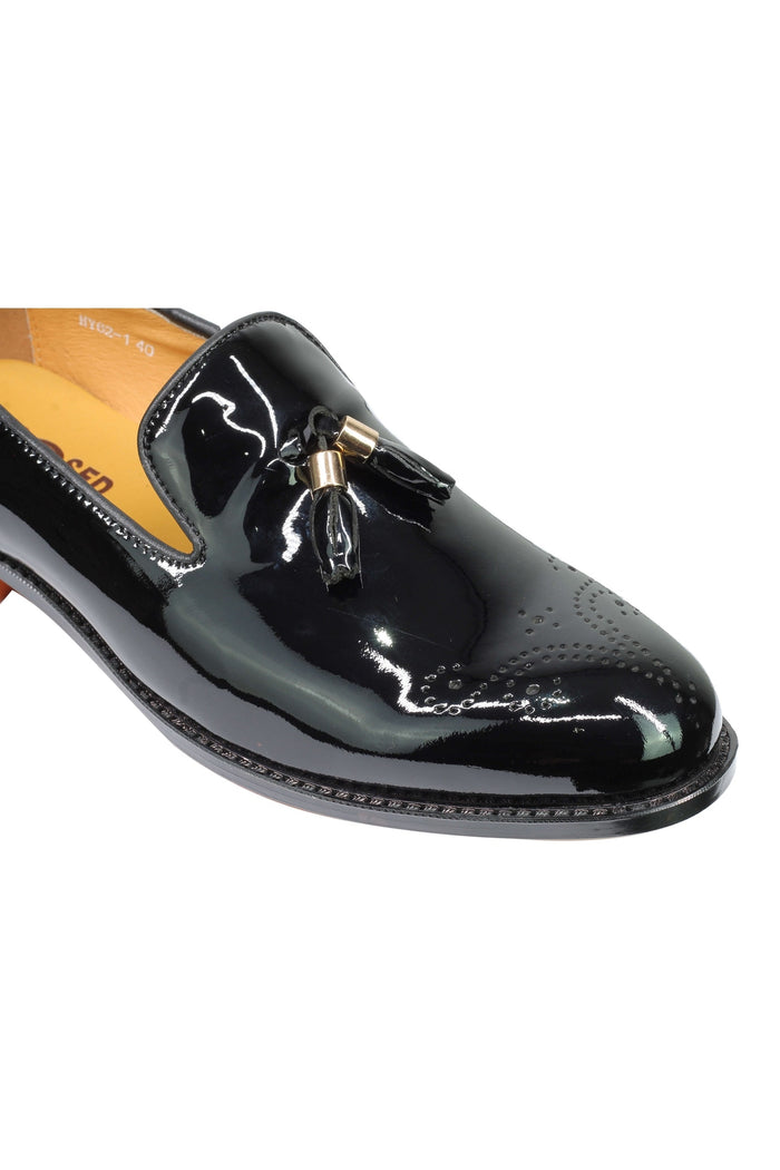 Real Leather Black Patent Tassel Loafers