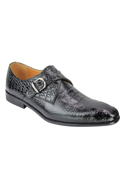 Real Leather Black Print Monk Loafers