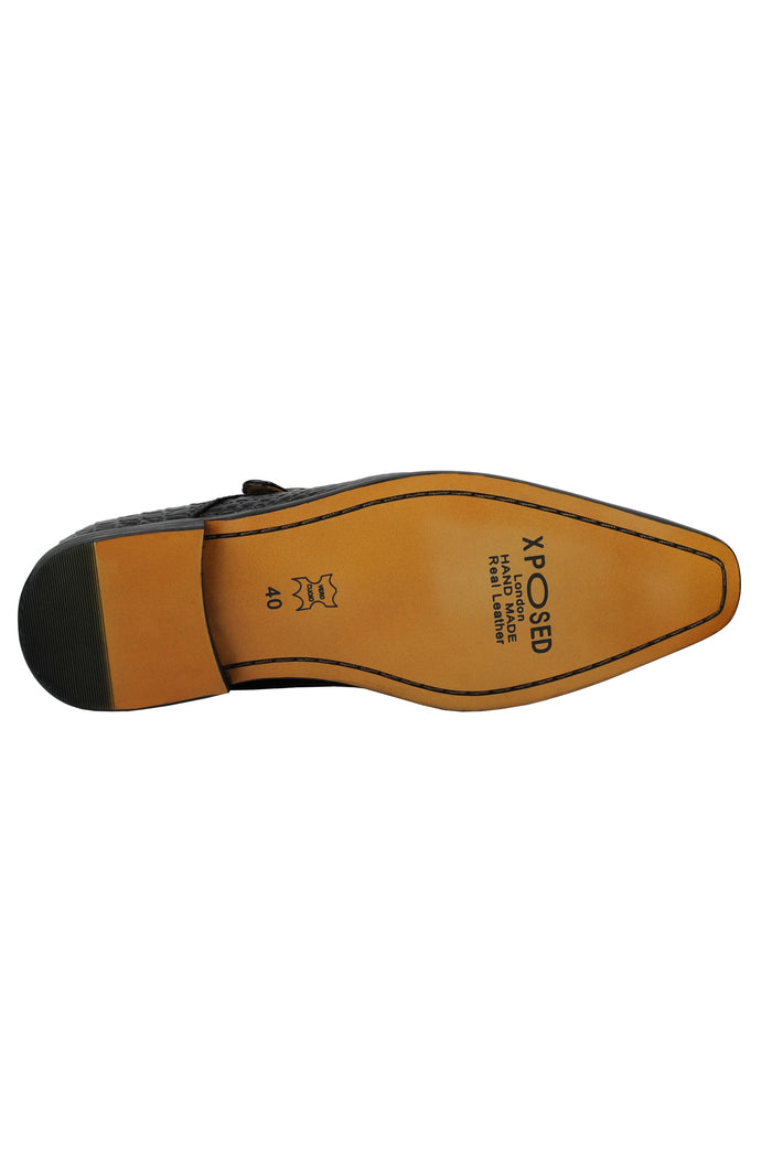 Real Leather Black Print Monk Loafers