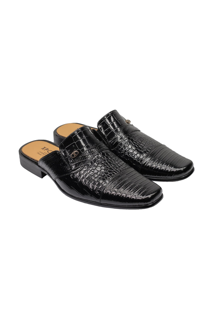 REAL LEATHER BLACK PRINTED HALF SHOE