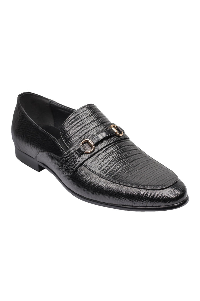 REAL LEATHER BLACK PRINTED SHOES WITH BUCKLE