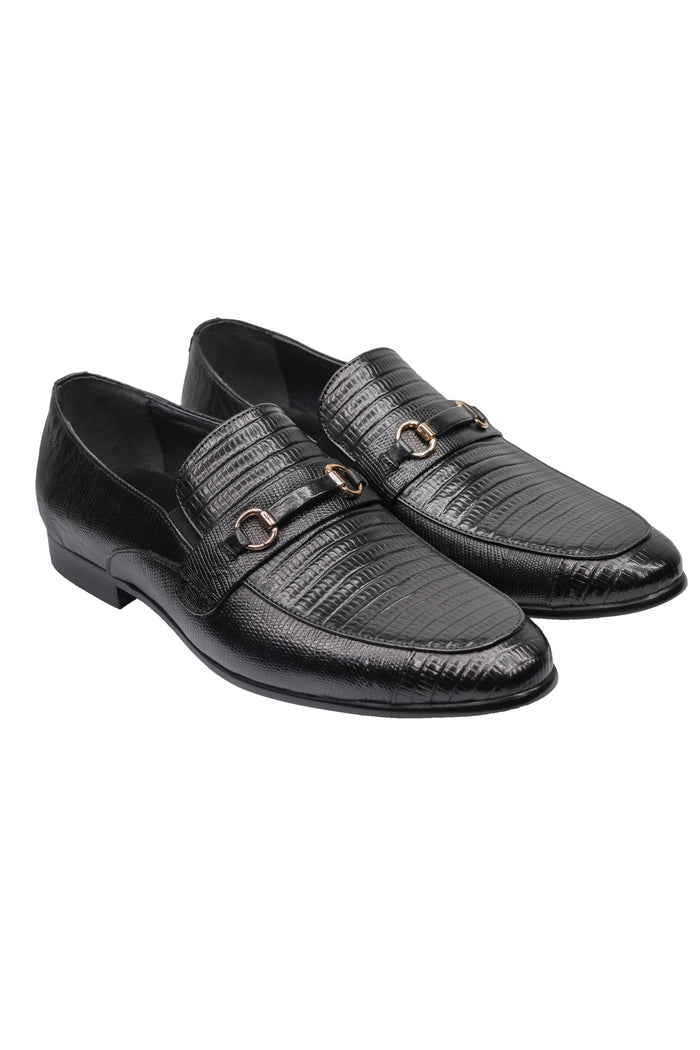 REAL LEATHER BLACK PRINTED SHOES WITH BUCKLE