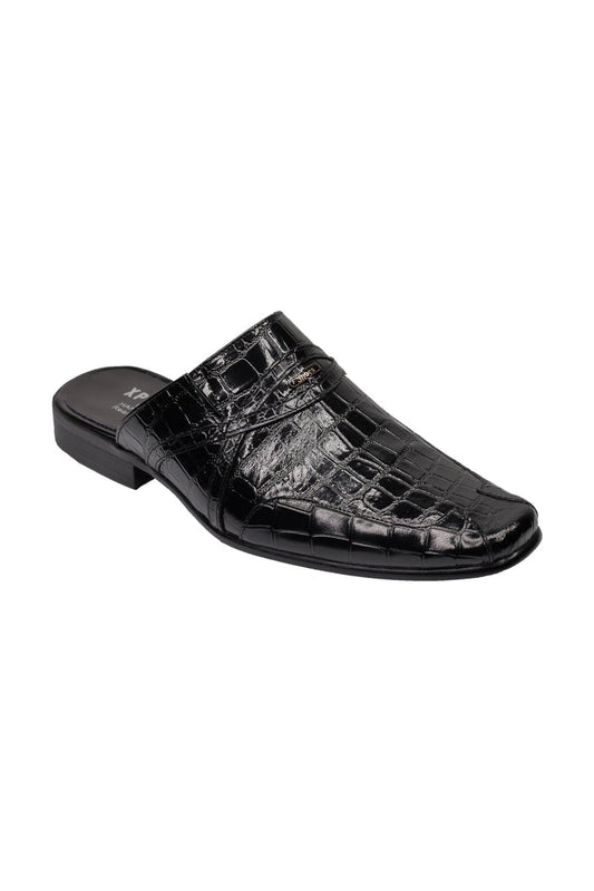 REAL LEATHER BLACK SHINY PRINTED HALF SHOES