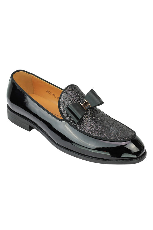 Real Leather Glossy Glitter Bow Tie Loafers