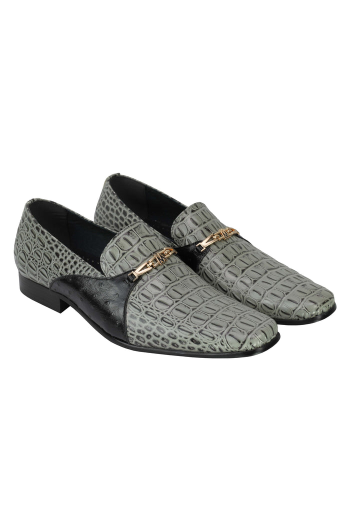 Real Leather Grey Croc Effect Gold Buckle Shoes
