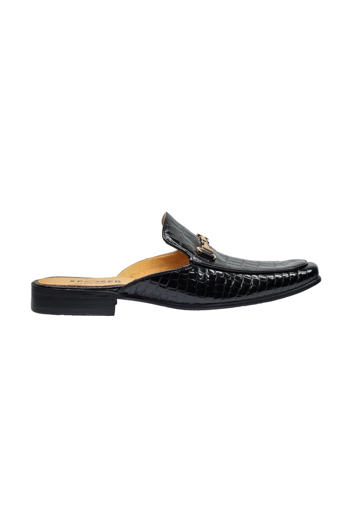 REAL LEATHER SHINY PRINTED HALF SHOES IN BLACK