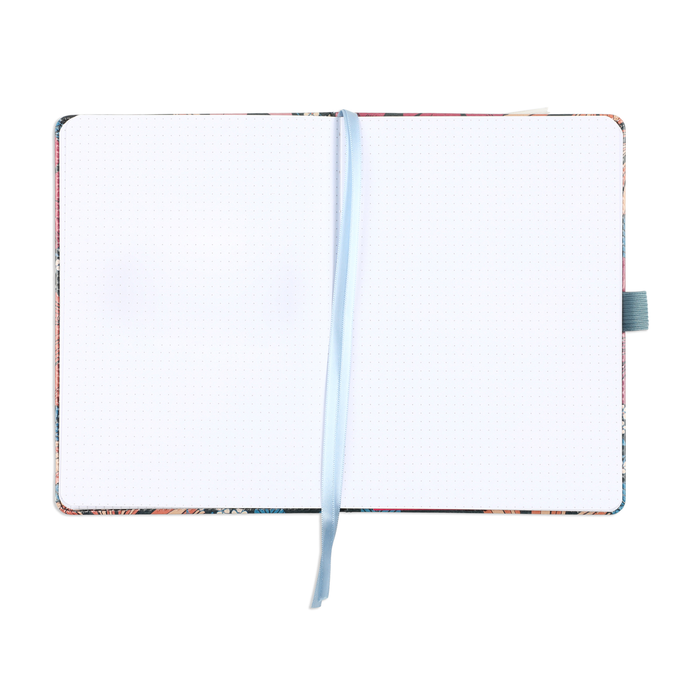 Open Retro Blooms - Bullet Dot Grid Happy Journal® - 80 Sheets - 160gsm Paper showing clean dot grid pages, a light blue ribbon bookmark, and a floral fabric cover edge.