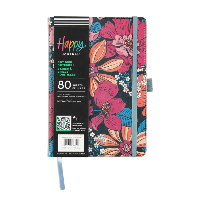 Retro Blooms - Bullet Dot Grid Happy Journal® - 80 Sheets - 160gsm Paper with vibrant floral cover, elastic band closure, blue pen loop, and ribbon bookmark for organized note-taking.