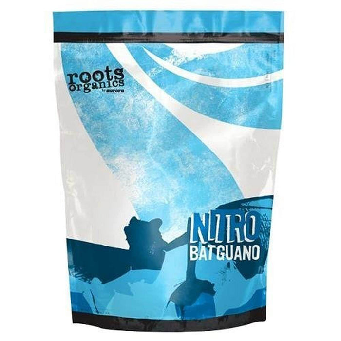 Blue and white stand-up pouch of Roots Organics Nitro Bat Guano with a sealable top.