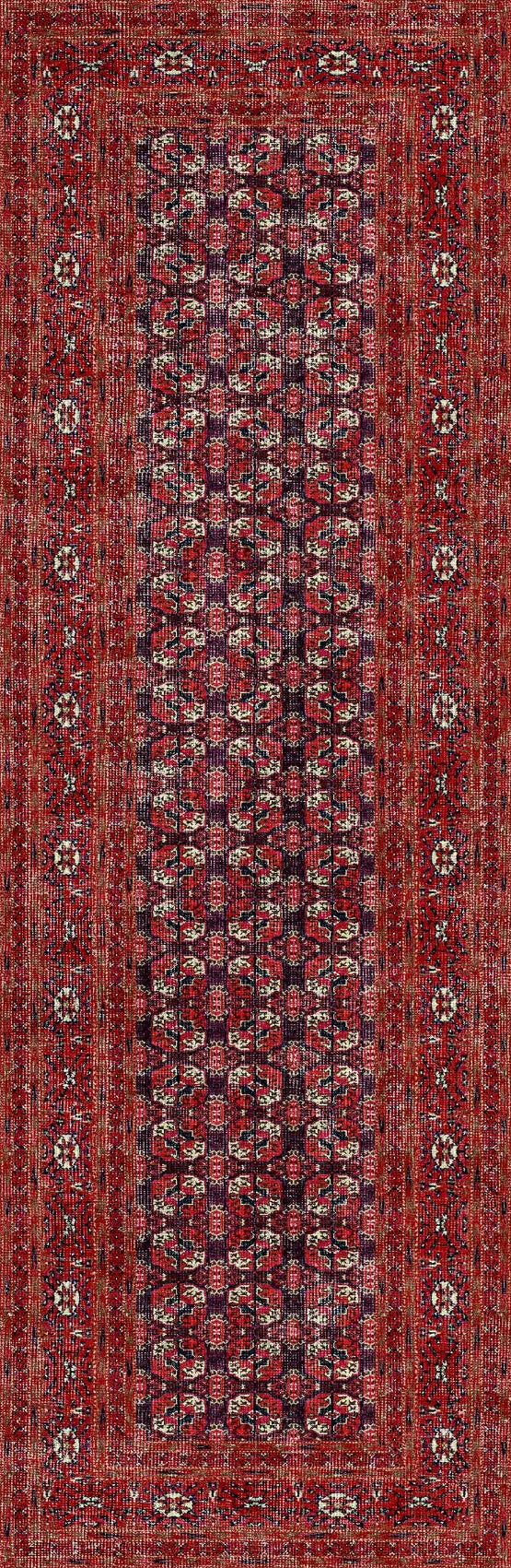 The Ruby Weave - Washable Rug - JRN1033 (Custom Size) is a rectangular red and black rug with intricate geometric and floral patterns, detailed textures, and layered designs. It's durable and perfect for high-traffic areas.