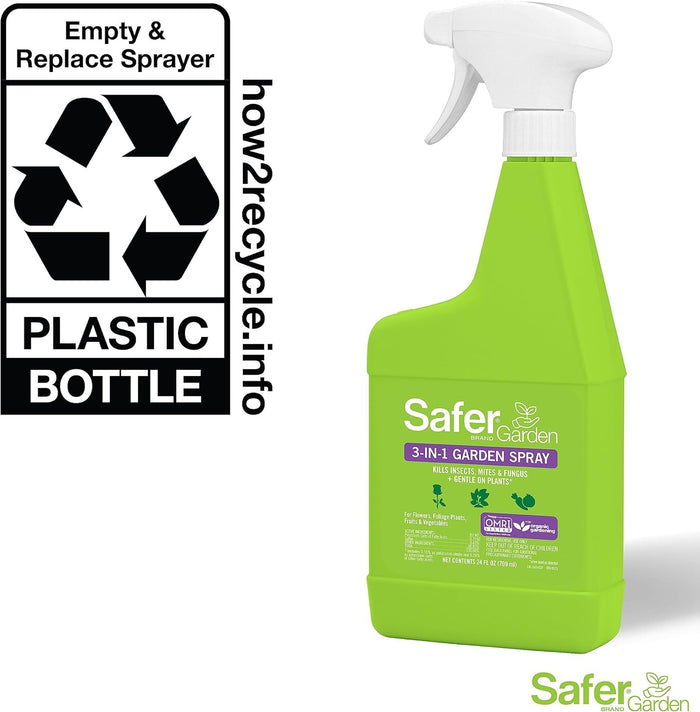 24oz bright green plastic spray bottle of Safer 3-in-1 Garden Spray for controlling insects, mites, and fungus.