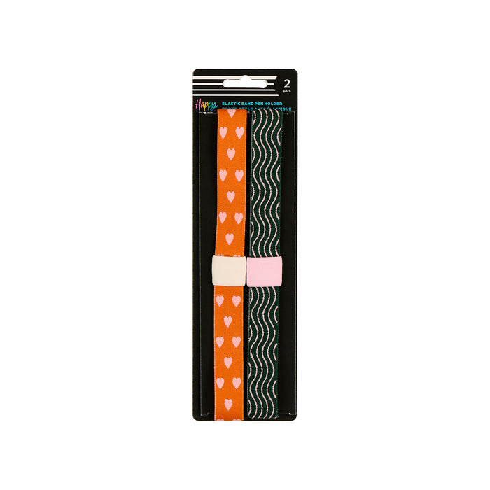 Screen Free Society - Elastic Band Pen Holder - 2 Pack featuring orange heart and black wavy bands for securing pens to notebooks and planners