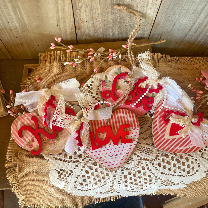 SET OF 4 – Red & Cream Heart Ornaments or Bowl Fillers