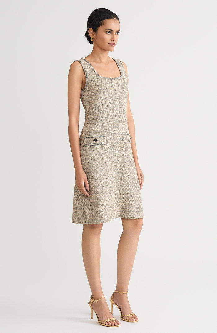 Shimmer A-Line Tweed Knit Dress, Gold/Black | Ming Wang