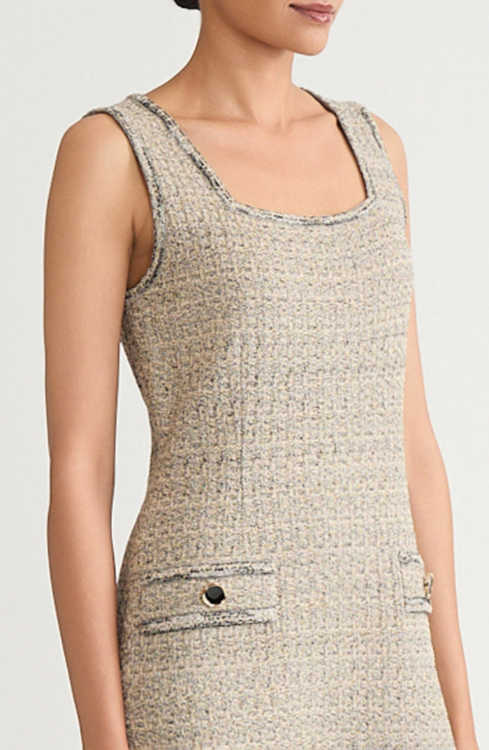Shimmer A-Line Tweed Knit Dress, Gold/Black | Ming Wang