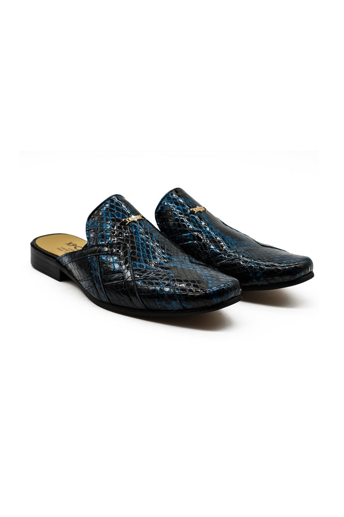 Shiny Patent Real Leather Printed Half Shoes in Blue