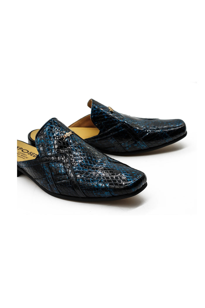 Shiny Patent Real Leather Printed Half Shoes in Blue
