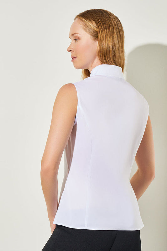 Sleeveless Zip-Up Stretch Cotton Shirt, White | Ming Wang