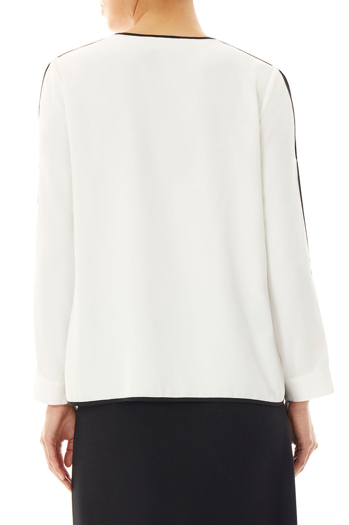 Slit Sleeve Crepe de Chine Blouse, White/Black | Ming Wang