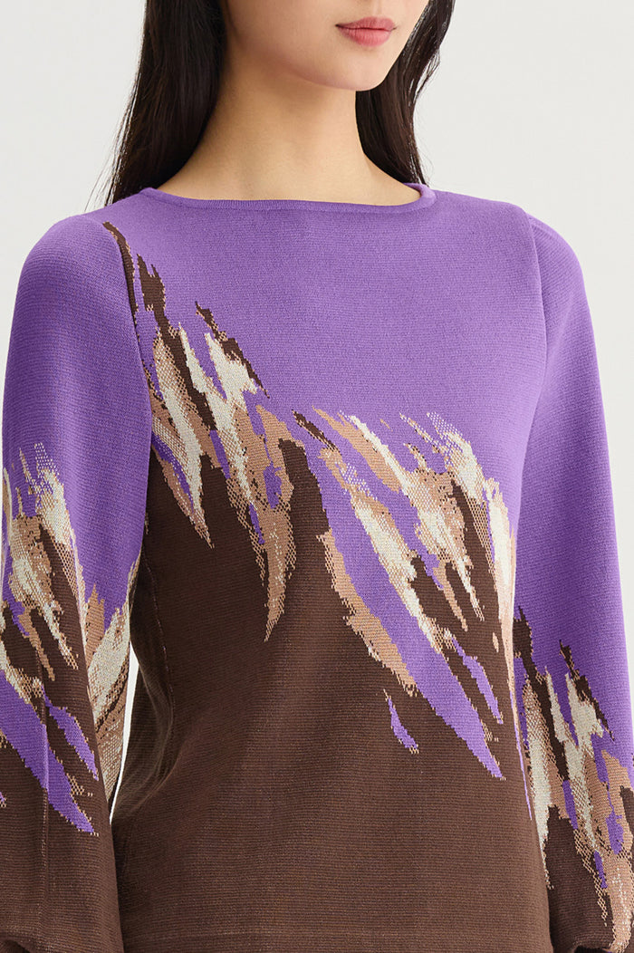Soft Jacquard Knit Top, Sunset Purple/Dark Umber/Warm Taupe/French Almond/Black | Ming Wang