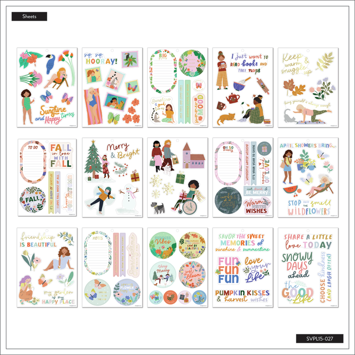 Sheet layout featuring colorful illustrated stickers with seasonal themes including summer, fall, winter, and spring, designed for use with planners and journals titled Squad Goals Love Every Season - Large Value Pack Stickers.