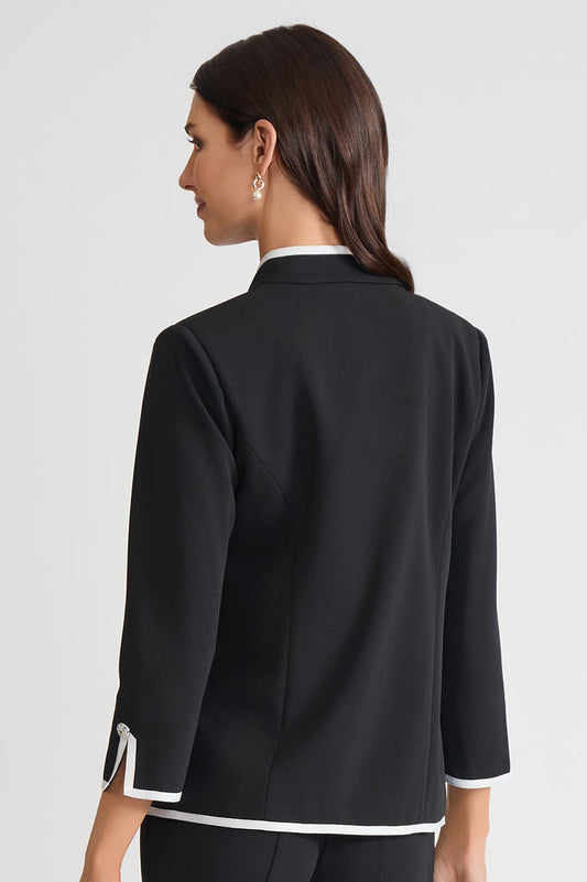 Tailored Stretch Deco Crepe Contrast Trim Jacket, Black/White | Ming Wang