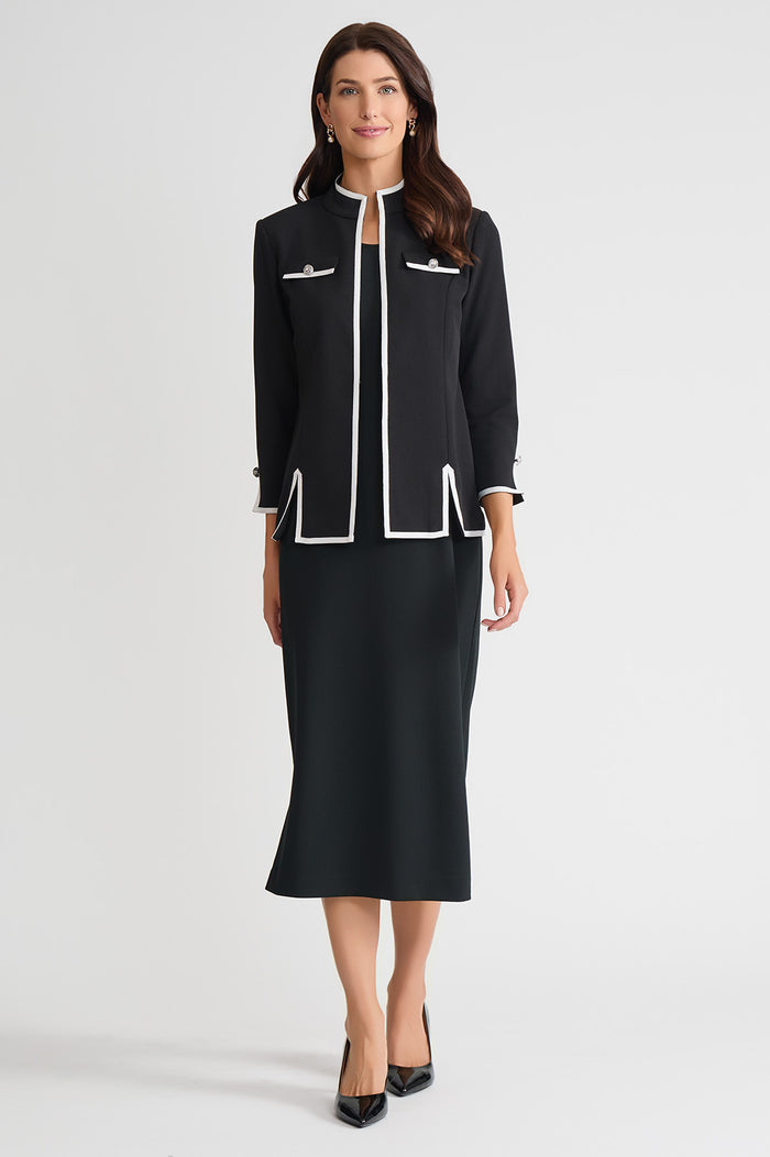 Tailored Stretch Deco Crepe Contrast Trim Jacket, Black/White | Ming Wang